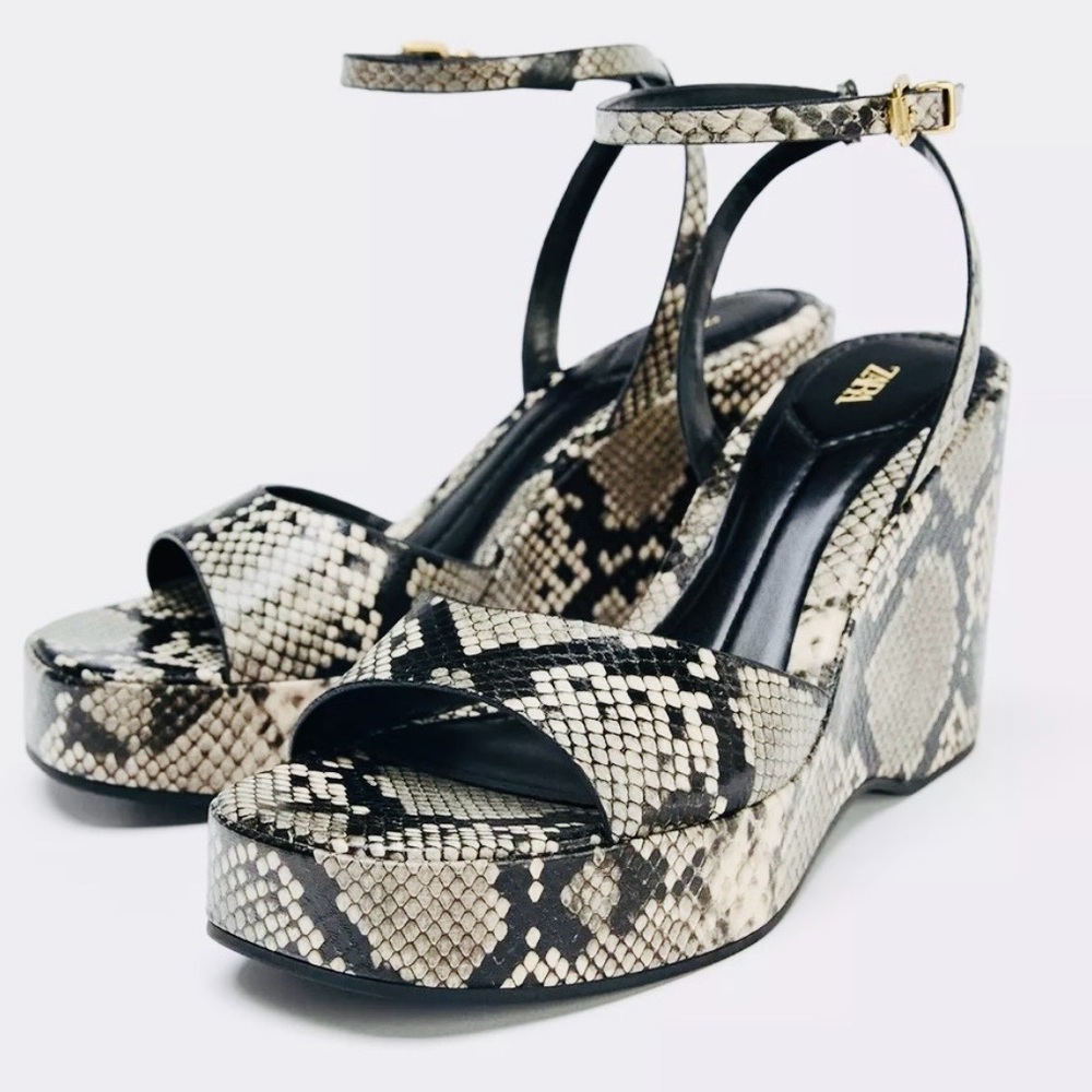 Zara Black and Cream Snake Pattern Wedges